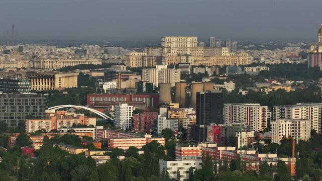 Buildings of Bucharest. Aerial 4K video with old apartment buildings from Crangasi and Militari neighbourhoods and other main roads and bridges of the city. Travel to Romania.