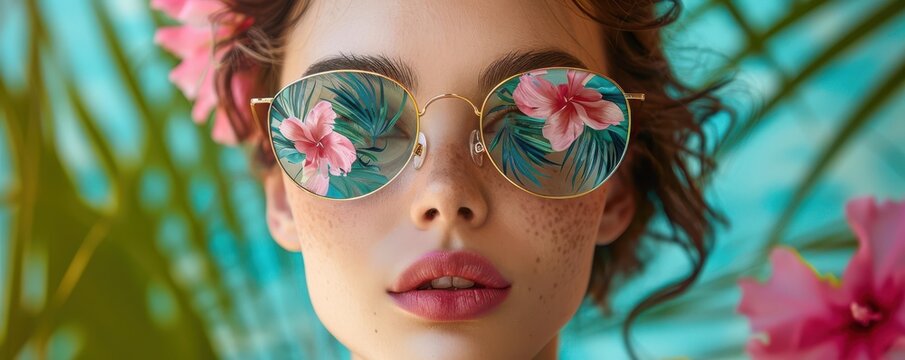 Stylish floral sunglasses with tropical reflections, blending fashion with a vibrant tropical vibe.