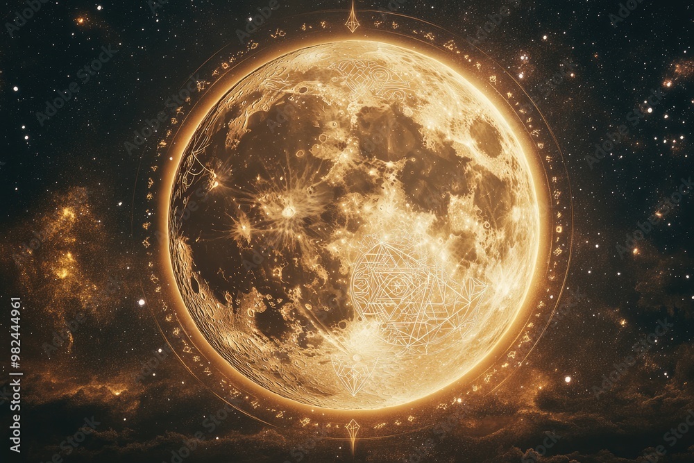 Wall mural a large full moon with intricate sacred geometry patterns within its glow