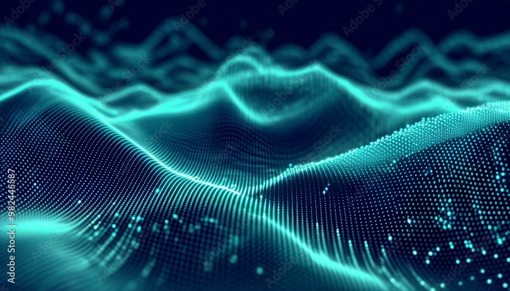Poster rendering 3d wave dynamic background dots green futuristic flow technology abstract datum innovation