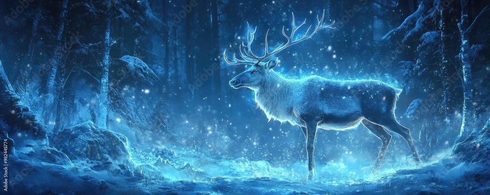 Aufkleber a mystical reindeer illuminated by glowing blue light in a snowy forest, creating a serene and encha
