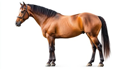 Obraz premium Gentle brown horse standing tall, slightly angled to the left, with a well-groomed coat on a bright white background