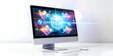 Fototapeta premium 3D Glossy Monitor with Holographic Coupon and Retail Icons Floating - Modern Digital Retail Design on White Background with Copy Space for Branding