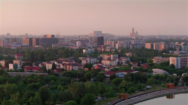 Buildings of Bucharest. Aerial 4K video with Palace of the Parliament landmarks and other main roads and bridges of the city. Travel to Romania.