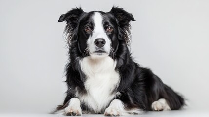 Gentle sheepdog with shaggy fur, sitting attentively, gazing forward on a white background