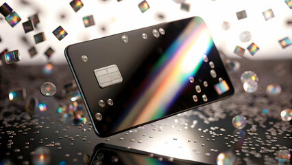 Flat Holographic Credit Card with Demand Icons Floating Above Glossy White Background, Highlighting Modern Transactions and Financial Demand in Simple Vector Design