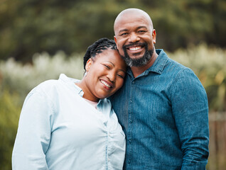 Fototapeta premium Mature black couple, portrait and happy in garden with hug, connection and love with care in summer. Senior man, woman and smile in backyard with embrace, bonding and outdoor with sunshine in Kenya