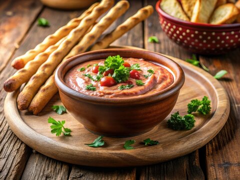 A warm, earthy aroma wafts from the clay bowl, where jocoque's creamy texture is set against a backdrop of rustic breadsticks, inviting dipping and discovery.
