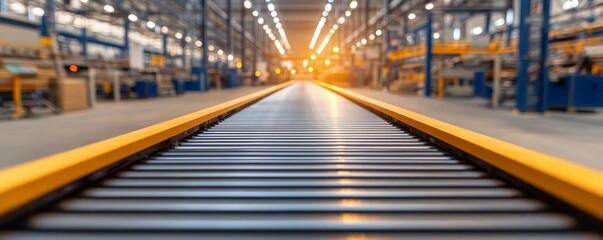 Fototapeta premium Close-up of conveyor belts in a modern factory, advanced machinery, clean and polished surfaces, spacious layout, warm and professional lighting enhancing the scene
