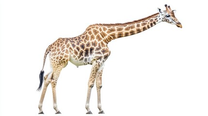 Fototapeta premium Graceful giraffe with long neck extended, standing tall and elegantly on a white background