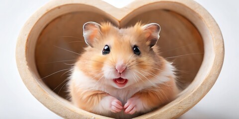 A whimsical hamster inhabits a heart-shaped frame, sporting a wide, cheerful grin, basking in joy and carefree happiness, snuggled in its cozy little home.