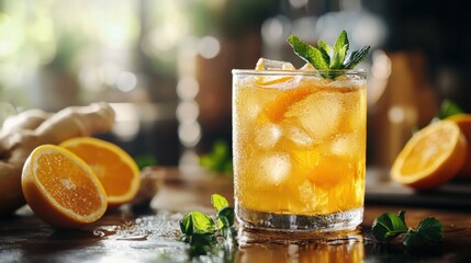Refreshing citrus cocktail with orange slices and mint on a wooden table in a well lit bar setting