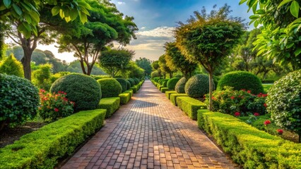 Obraz premium A winding paved path lined with verdant foliage and neatly trimmed bushes invites exploration to a mysterious and distant destination.
