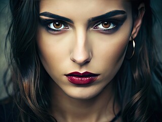 Fototapeta premium A woman's face is framed by a curtain of rich brown hair, her eyes burning with an inner intensity, her gaze piercing the soul.