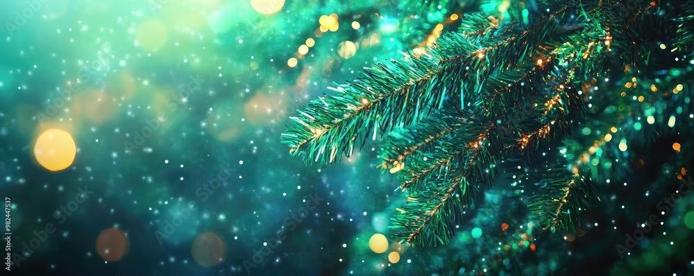 Poster A close-up of a spruce branch adorned with sparkling lights and gentle snowflakes, creating a festive and magical atmosphere.