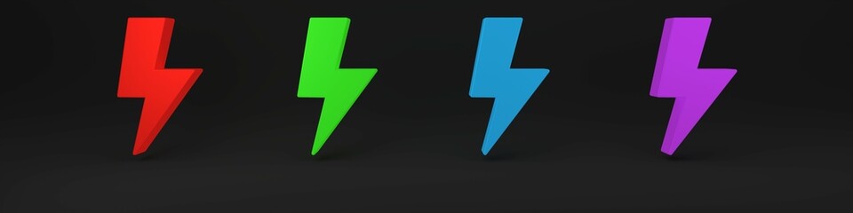 Colorful Lightning bolt icon isolated on black background. Flash sign. Charge flash icon. Thunder bolt. Lighting strike. Minimalism concept. 3D render illustration