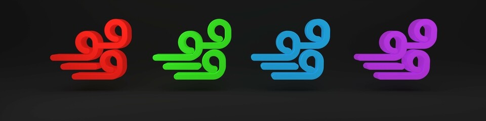 Colorful Windy weather icon isolated on black background. Cloud and wind. Minimalism concept. 3D render illustration