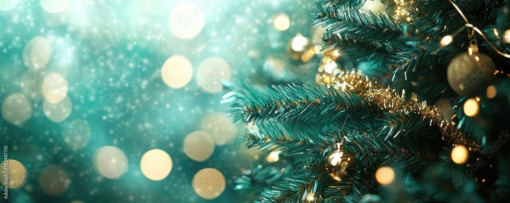 Poster beautifully decorated christmas tree with glimmering lights and bokeh background, creating a festive