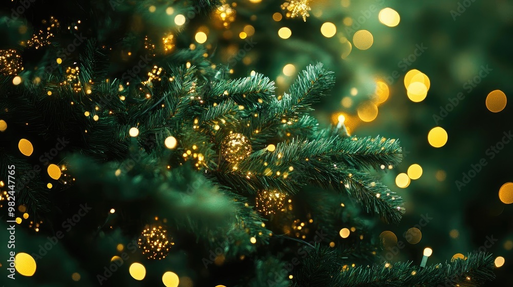 Poster a close-up view of a beautifully adorned christmas tree with sparkling lights and a warm, festive at