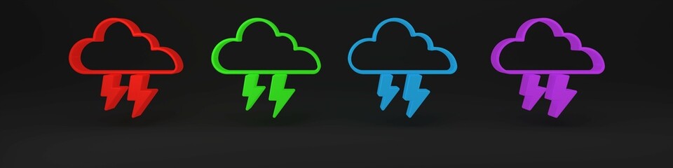 Colorful Storm icon isolated on black background. Cloud and lightning sign. Weather icon of storm. Minimalism concept. 3D render illustration