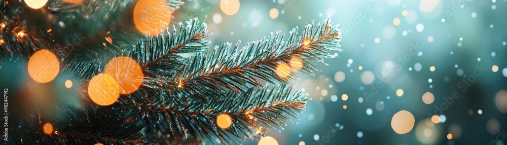 Poster A close-up of a Christmas tree branch adorned with warm lights, creating a festive atmosphere perfect for holiday celebrations.
