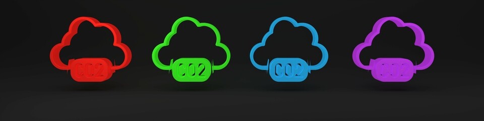 Colorful CO2 emissions in cloud icon isolated on black background. Carbon dioxide formula, smog pollution concept, environment concept. Minimalism concept. 3D render illustration