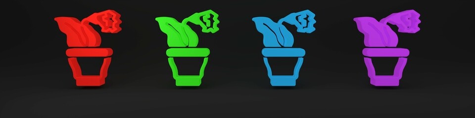 Colorful Flower in pot icon isolated on black background. Plant growing in a pot. Potted plant sign. Minimalism concept. 3D render illustration