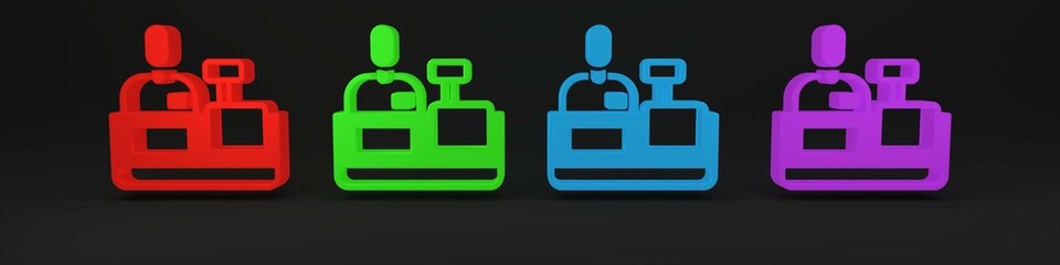 Colorful Cashier at cash register supermarket icon isolated on black background. Shop assistant, cashier standing at checkout in supermarket uniform. Minimalism concept. 3D render illustration