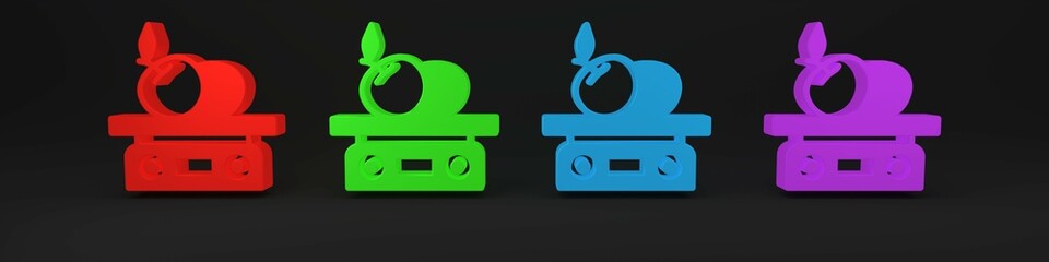 Colorful Electronic scales for product icon isolated on black background. Weight for food. Weighing process in store or supermarket. Minimalism concept. 3D render illustration