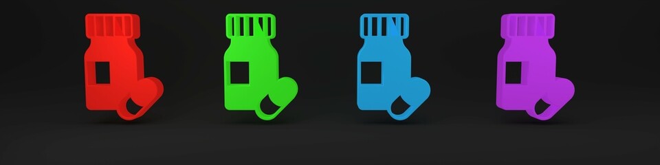 Colorful Medicine bottle and pills icon isolated on black background. Bottle pill sign. Pharmacy design. Minimalism concept. 3D render illustration