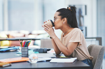 Office, woman and coffee break on desk with thinking for ideas and vision for creative project as graphic designer. Business person, employee and drink tea on table with thoughts and planning