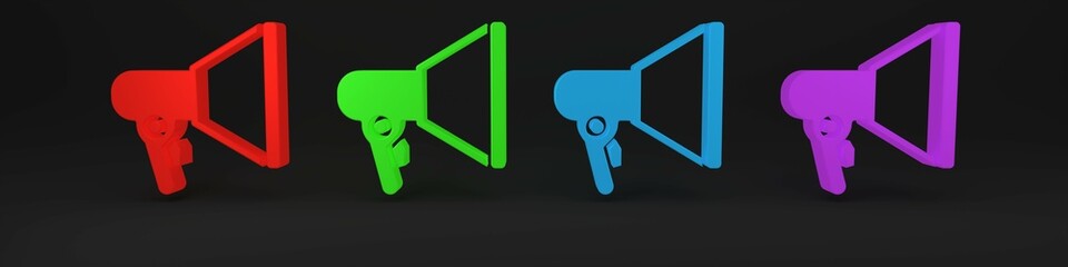 Colorful Megaphone icon isolated on black background. Speaker sign. Minimalism concept. 3D render illustration