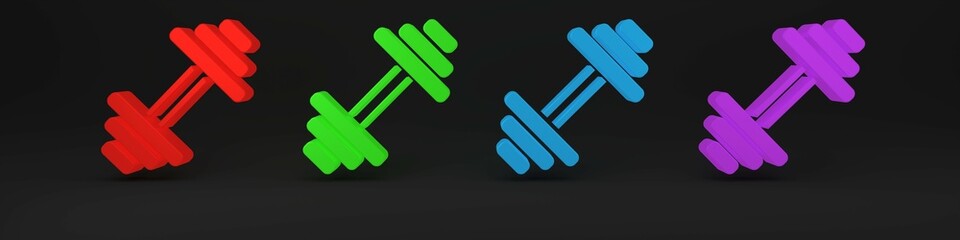 Colorful Dumbbell icon isolated on black background. Muscle lifting icon, fitness barbell, gym, sports equipment, exercise bumbbell. Minimalism concept. 3D render illustration