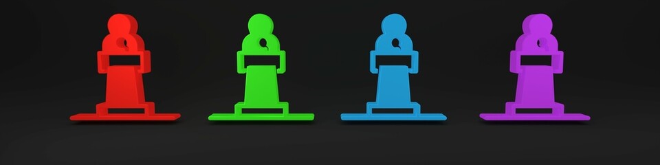 Colorful Speaker icon isolated on black background. Orator speaking from tribune. Public speech. Person on podium. Minimalism concept. 3D render illustration