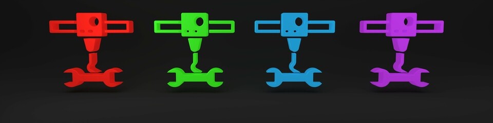 Colorful 3D printer wrench spanner icon isolated on black background. 3d printing. Minimalism concept. 3D render illustration