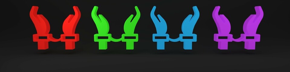 Colorful Handcuffs on hands of criminal man icon isolated on black background. Arrested man in handcuffs. A crime, arrest, business and corruption concept. Minimalism concept. 3D render illustration