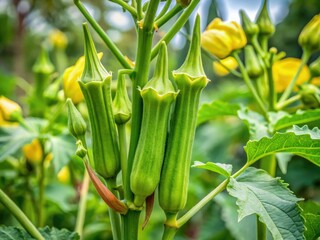 Obraz premium Close-up image of okra plants growing in a garden, featuring green pods and delicate yellow flowers.