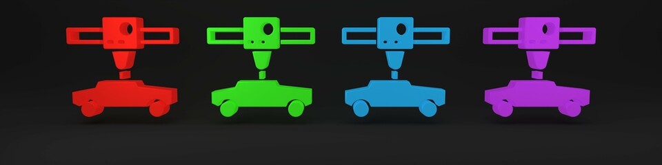 Colorful 3D printer car icon isolated on black background. 3d printing. Minimalism concept. 3D render illustration
