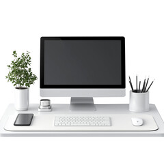 Fototapeta premium Computer monitor with mouse and keyboard on a desk isolated on transparent background