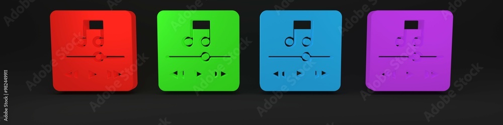 Sticker Colorful Music player icon isolated on black background. Portable music device. Minimalism concept. 3D render illustration