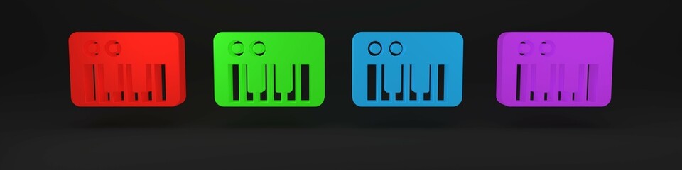 Colorful Music synthesizer icon isolated on black background. Electronic piano. Minimalism concept. 3D render illustration