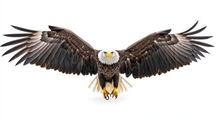 Fototapeta premium Majestic bald eagle with wings slightly spread, sharp beak and intense eyes, captured on a clean white background