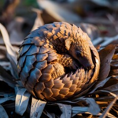Obraz premium Pangolin Curled Up on Dry Leaves