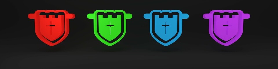 Colorful Flag with christian cross icon isolated on black background. Minimalism concept. 3D render illustration