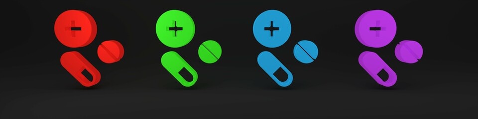 Colorful Medicine pill or tablet icon isolated on black background. Capsule pill and drug sign. Pharmacy design. Minimalism concept. 3D render illustration