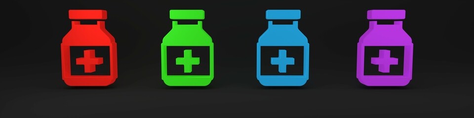 Obraz premium Colorful Medicine bottle and pills icon isolated on black background. Bottle pill sign. Pharmacy design. Minimalism concept. 3D render illustration