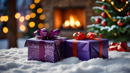 Christmas tree with boxes. Christmas background with gift boxes and balls.