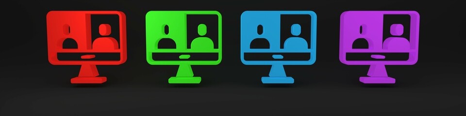 Colorful Video chat conference icon isolated on black background. Computer with video chat interface active session on screen. Minimalism concept. 3D render illustration