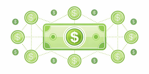 Obraz premium Flat Levitating Dollar Bill Surrounded by Payment Icons - Modern Financial Transactions and Payment Methods in Simple Vector Illustration for Banking and Fintech Content