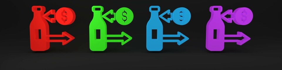 Colorful Reception and sale of glass bottles icon isolated on black background. Minimalism concept. 3D render illustration